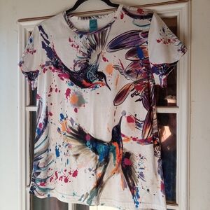 Colorful Bird Print Short Sleeve Women's Tee Size Small